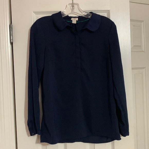 J. Crew Womens Long Sleeve Button Up Navy Career Blouse Peter Pan Collar Preppy - Picture 1 of 6